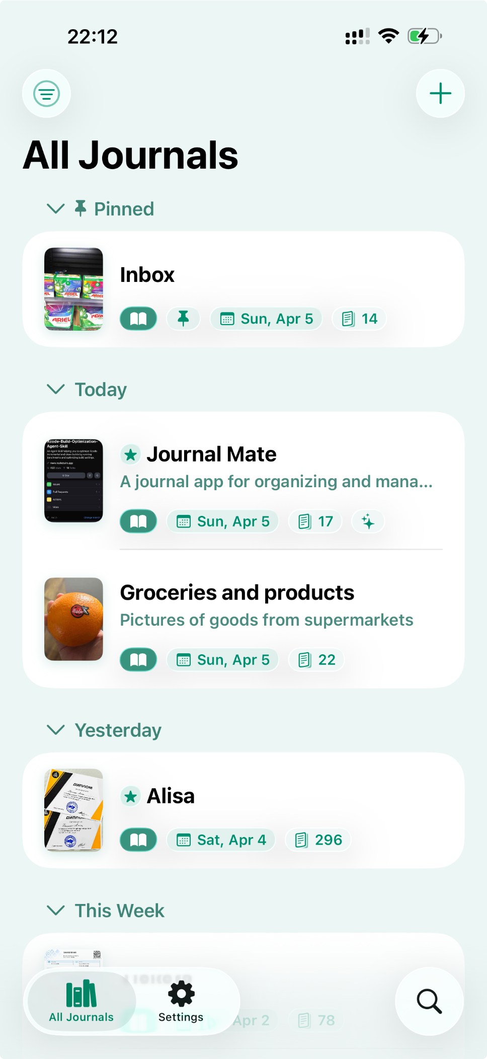 Journal Mate app screens showing library, search, quotes, and iCloud sync views