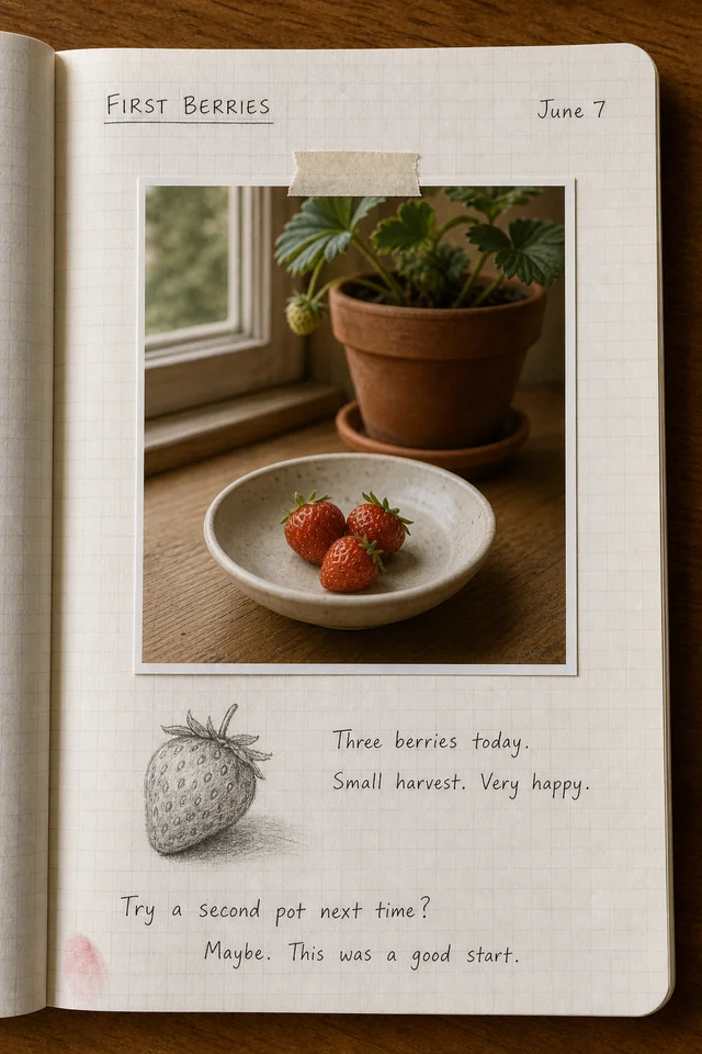Notebook page with a photo of the first strawberries and harvest notes.