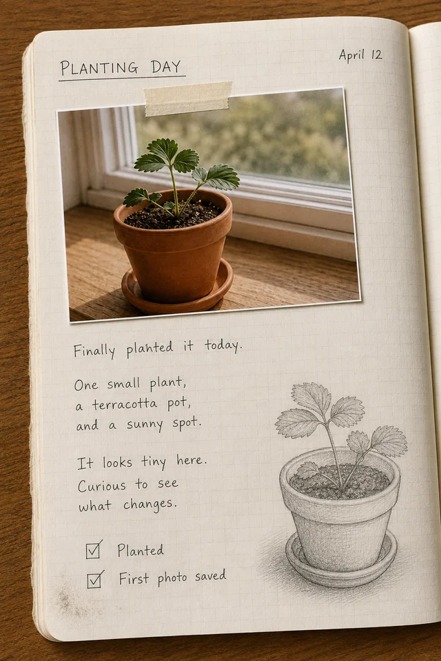 Notebook page with a strawberry plant photo and handwritten notes.