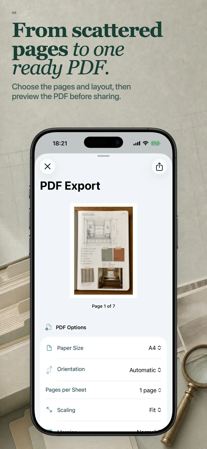 Share original media files, create configurable PDFs with live preview, or export a restorable backup